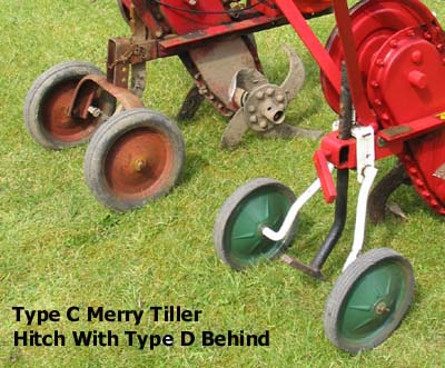 Type C Merry Tiller Hitch, Skid & Transport Wheel assembly with Type D behind